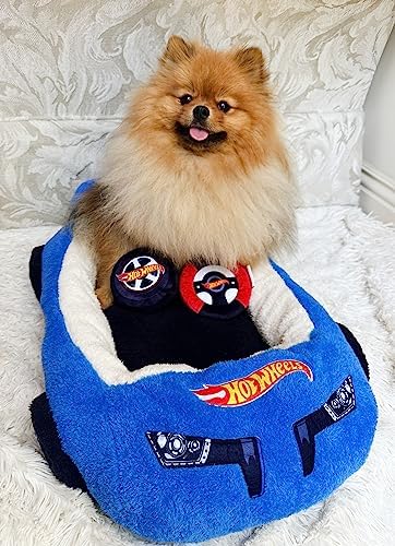 Megatoys Hot Wheels Plush Car Pet Bed – Themed Blue Car Design for Dogs and Cats with Toy Steering Wheel and Tire