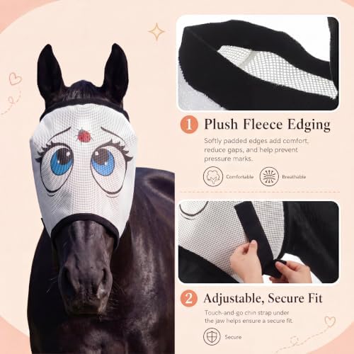 Ladybug Mesh Fly Mask for Horses Cartoon Eye Full Face Bug Protection with Breathable Mesh Soft Padding, Clear Vision, Stretch Fit, UV Protection, Comfortable Adjustable Fit for All Horses