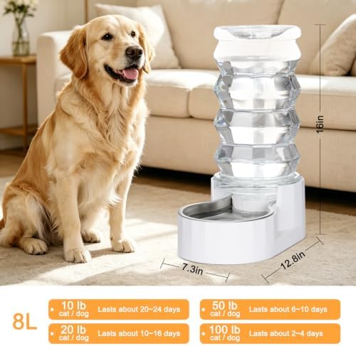 RIZZARI 8L Gravity Dog Water Dispenser: Stainless Steel Bowl Anti-Splash