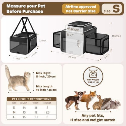 Top and 2 Sides Expandable Pet Carrier 17x11x9.5 TSA Airline Approved