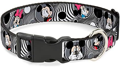 Buckle-Down Plastic Clip Collar - Mickey & Minnie Peek-a-Boo Expressions Swirl Black/White - 1" Wide - Fits 15-26" Neck - Large