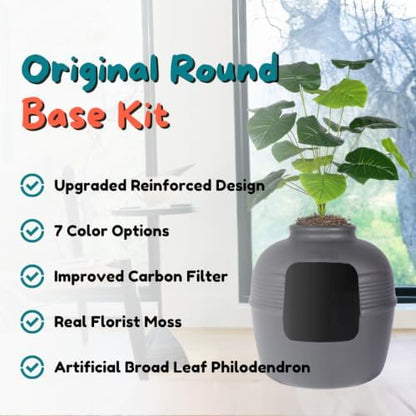 Good Pet Stuff Original Hidden Litter Box Planter, Decorative Cat Litter Enclosure, Carbon Filter, Faux Plant, Round Design, Easy to Clean, Base Kit, Broad Leaf Philodendron, Charcoal Black