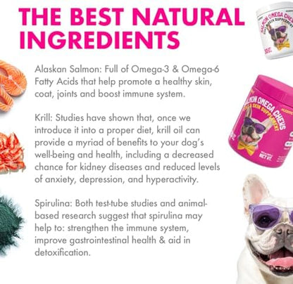 Omega 3 Alaskan Salmon Oil Treats for Dogs 120 Fish Oil Chew Supplement Skin and Coat Allergy and Itch Relief Hip & Joint Health Brain Shedding Hot Spots Treatment Omega 3 6 9 EPA & DHA Fatty Acids