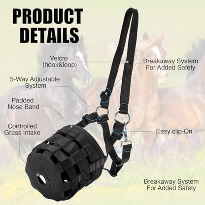 Durable Ventilated Grazing Muzzle with Attached Breakaway Halter - Lightweight Horse Muzzle, Supports Natural Grazing, Restricts Food Intake, Padded Noseband