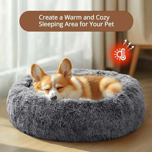JOLLYVOGUE Calming Dog Bed Medium Size Dog, Anti-Anxiety Donut Medium Pet Bed, 27 inches Fluffy Faux Fur Round Cat Bed (Smoke Black)