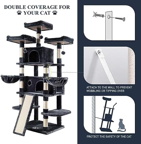 Allewie 68 Inches Cat Tree/House and Towers for Big Feline/Scratching Post/Multi-Level Large Kitty Climbing Tree with Condo/Smokey Grey