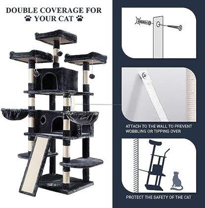 Allewie 68 Inches Cat Tree/House and Towers for Big Feline/Scratching Post/Multi-Level Large Kitty Climbing Tree with Condo/Smokey Grey