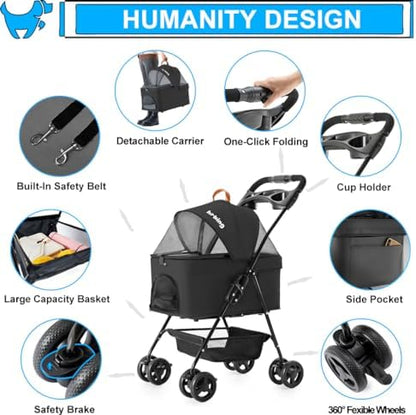 Pet Stroller with Detachable Carrier for Small Dogs & Cats, Black