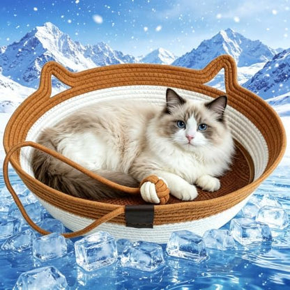 2-in-1 Cat Bed with Scratch Pad, Cotton Rope Woven, Round, Removable Breathable Cooling Pad, Odorless Anti-Statio