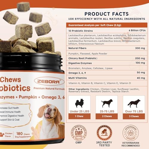 ZEBORA Probiotics for Dogs, Digestive & Itch Relief, 180 Soft Chews