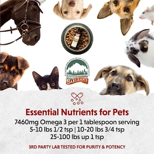 Barlean's Flaxseed Oil for Animals, Pet Essential Liquid Omega 3 Fatty Acids Cat and Dog Oil Supplements for Skin and Coat, Omega 3 for Dogs, Cats and Other Pets, 12 oz