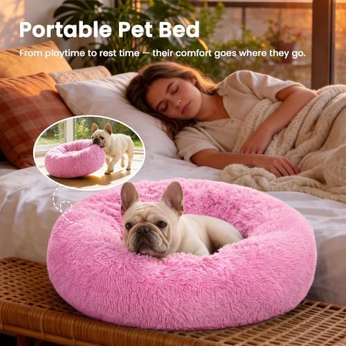 Love's cabin Calming Cat Bed for Indoor Cats, Anti-Anxiety Donut Round Dog Bed, Fluffy Faux Fur Washable Pet Bed for Small Medium Dogs and Cats, Pink, 20in