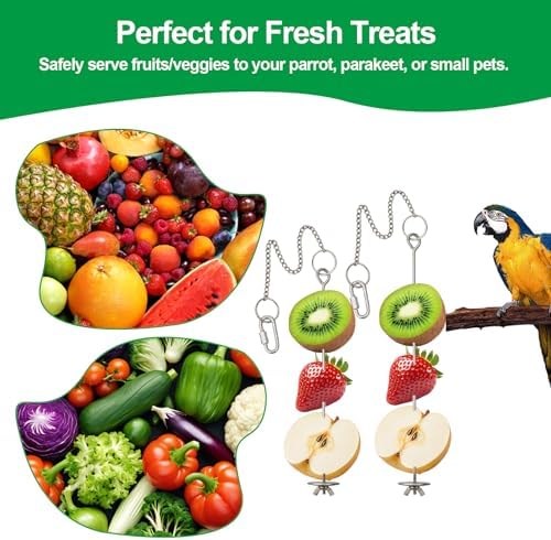 2 Pcs Chain Clauses Bird Cage Food Holder Stainless Steel Parrot Fruit & Vegetable Skewer Hanging Foraging Toy for Parakeets, Budgies, Macaws