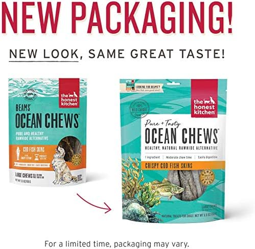 The Honest Kitchen 3 Pack of Crispy Cod Fish Skins Ocean Chews Single-Ingredient Dog Treats, 5.5 Ounces Each