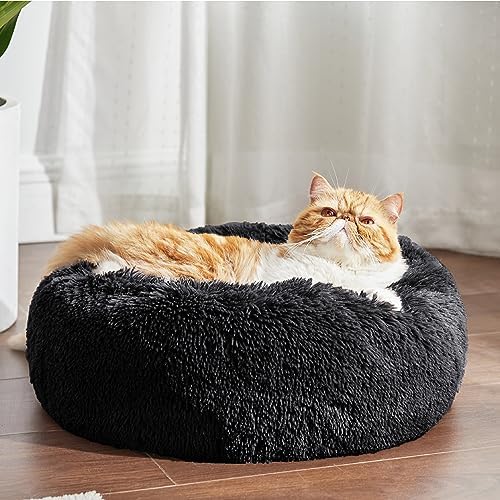 Bedsure Calming Cat Beds Donut Round Washable Kitten Bed,20 inches Black