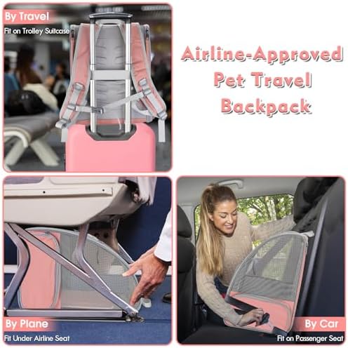 Cat Backpack Carrier, Large Pet Backpack with Kitten Wand Feather Toy for Medium Small Dog Cat Puppy Kitty Bunny up to 15lbs, Ventilated Mesh Dog Travel Carrier for Hiking Walking Outdoor Use (Pink)