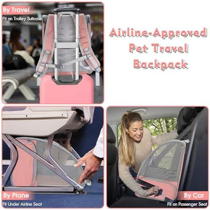 Cat Backpack Carrier, Large Pet Backpack with Kitten Wand Feather Toy for Medium Small Dog Cat Puppy Kitty Bunny up to 15lbs, Ventilated Mesh Dog Travel Carrier for Hiking Walking Outdoor Use (Pink)