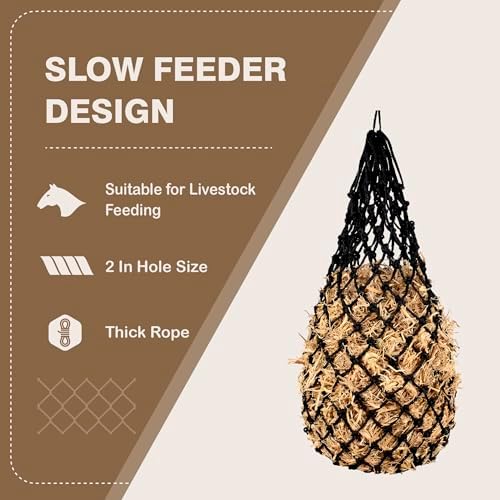 2PCS Slow Feeder Hay Nets Feed Bag for Horses, Extra Thick 40" Slow Feed Hay Net with 2" Holes Hanging Bags for Goat and Livestock Supplies (Black