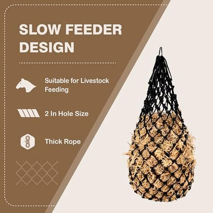 2PCS Slow Feeder Hay Nets Feed Bag for Horses, Extra Thick 40" Slow Feed Hay Net with 2" Holes Hanging Bags for Goat and Livestock Supplies (Black
