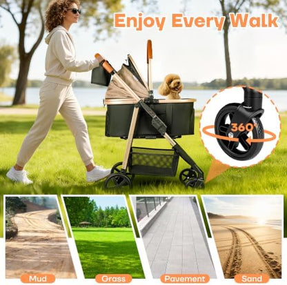 Dog Cat Stroller for Small/Medium Pets, 50 lbs, 3-in-1 Pet Stroller, Khaki