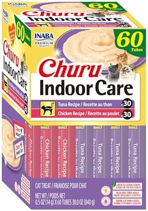 INABA Churu Indoor Care for Hairball Control, Functional Lickable Cat Treat with Taurine & Green Tea Extract, 0.5oz Each, 60 Tubes Total, Tuna & Chicken Variety