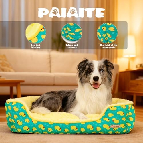 Rectangle Washable Dog Bed for Large, Medium & Small Dogs – Soft Calming Puppy Beds, Durable Warm Pet Sofa with Non-Slip Bottom for Indoor Use.Yellow S Size (18.9"x18.9"x6.3")