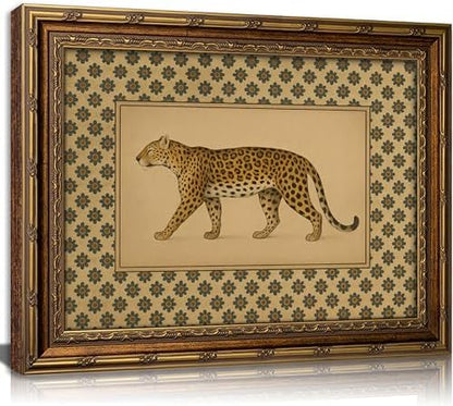 Vintage Gold Framed Leopard Wall Art, Antique Botanical Animal Canvas Print, Floral Pattern Background Wall Decor, Jungle Animal Cheetah Picture Poster Artwork for Bedroom Living Room