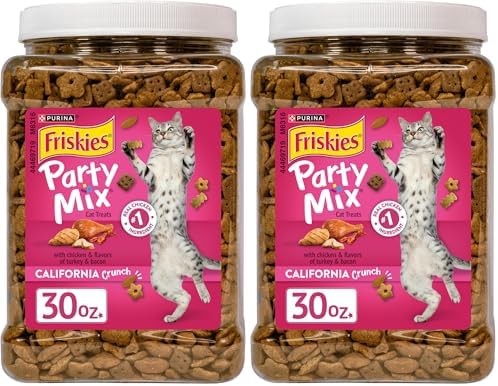 Friskies Purina Party Mix California Crunch with Chicken and Flavors of Turkey and Bacon Cat Treats - 30 oz Canister (Pack of 2)