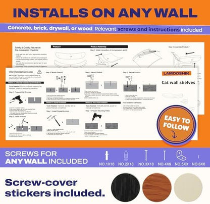 Cat Wall Shelves, Walnut Floating Cat Furniture with Bed & Steps