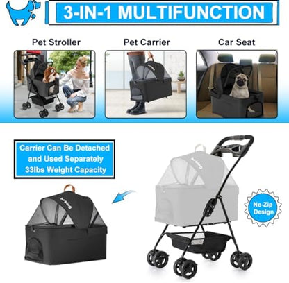 Pet Stroller with Detachable Carrier for Small Dogs & Cats, Black
