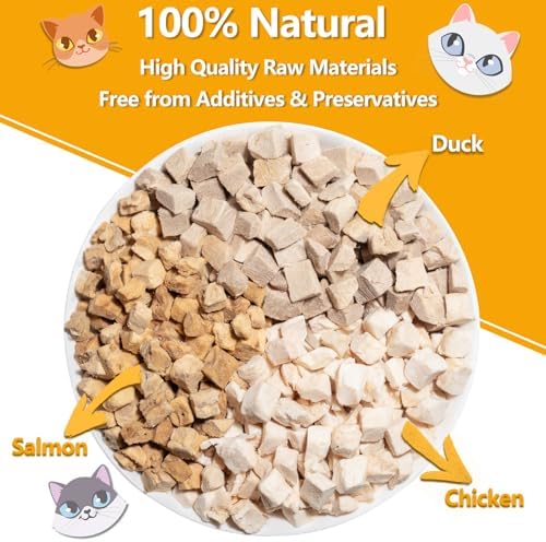 Freeze Dried Cat Food, 3 in 1 Natural Freeze Dried Meat - Chicken, Duck, and Salmon Recipe for Cats, Grain-Free Protein Rich Cat Kitten Food 5.7oz