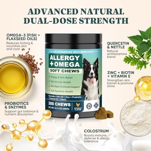 Dog Allergy Chews Omega 3 is Human,Itch Relief Multivitamin Medicine for Dogs Itching Skin Relief and Aller Immune Pet Allergy Dog Anti Itch Chews Pills Meds Medicine for Dogs Chicken Flavor