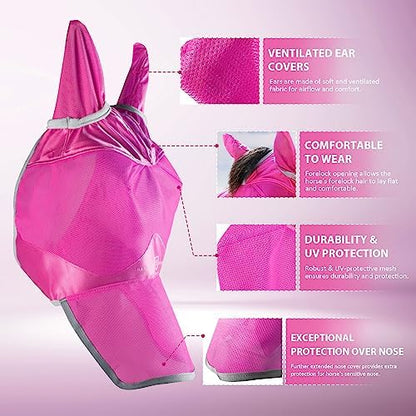 Harrison Howard UV-Proof Forelock Opening Reliable Protection Horse Fly Mask Long Nose with Ears Magenta Horse Large