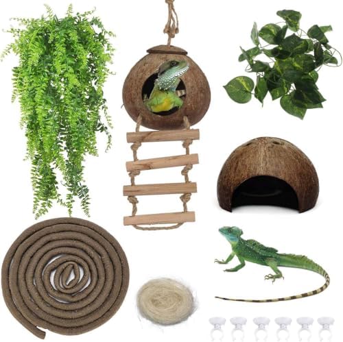 kathson 6PCS Lizard Habitat Decor,Leopard Gecko Hideout Coconut Shell Hole Hut,Bearded Dragon Bendable Climbing Vines,Reptile Hanging Plants Tank Accessories for Chameleon,Snake,Iguana,Turtle