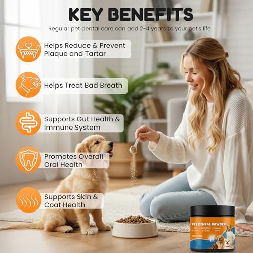 Dog Teeth Cleaning Powder - Plaque & Tartar Control, Breath Fresheners with Natural Seaweed, Probiotics, Vitamins, Turmeric & Enzymes for All Dogs & Cats (Chicken Flavor, 75 Scoops)