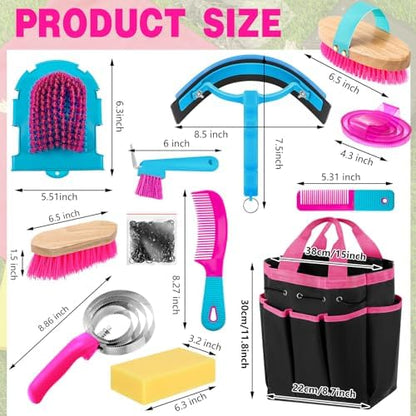 Abbylike 12 Piece Horse Grooming Kit with Organizer Tote Bag Brush Sets for Derby Day Show Horses Professional Tools for Care & Massage(Rose Red)