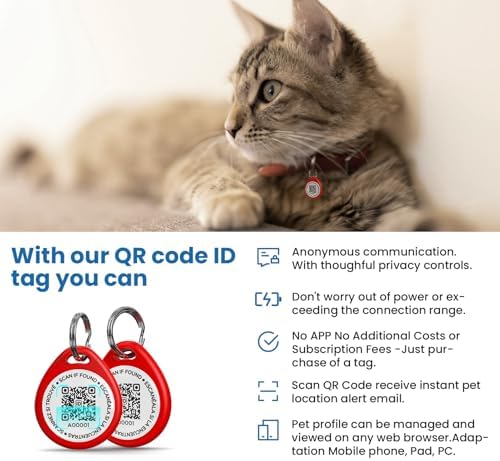 QR Code Cat Tags Personalized Small, Real-time Alerts, Red