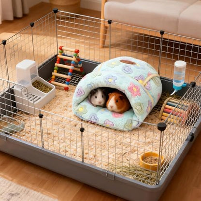 YUEPET Guinea Pig Bed, Warm Fleece Cuddle Cave, Green Flower