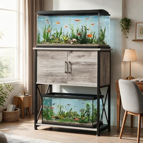 Herture 20-29 Gallon Aquarium Stand Metal Frame Fish Tank Stand with Cabinet Storage, for 20 Gallon Long Aquarium,30.7" L*16.5" W Tabletop,330LBS Capacity Grey PG01YGZ