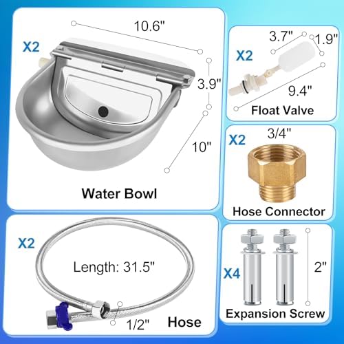ToLanbbt 2PCS Automatic Animal Dispenser Horse Water Bowl with Float Valve Stainless Steel Goat Waterer Feeder Outside Water Trough for Livestock Auto Fill Dog Water Bowl with 1/2" Hose, Drainage Hole