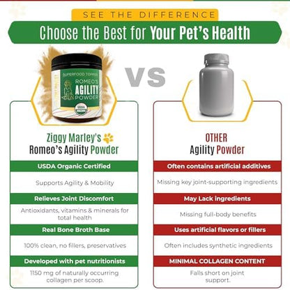 Organic Agility Superfood Powder for Dogs & Cats – Support Agility & Mobility - USDA Organic Bone Broth, Turmeric, & 3 Functional Mushrooms
