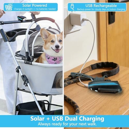 Solar Pet Stroller Light with Horn, Waterproof Dog Cat Stroller Safety LED Lights with 3 Modes & USB-C PD Charging, Ultra Bright Night Walking Warning Spotlight for Dog Jogger