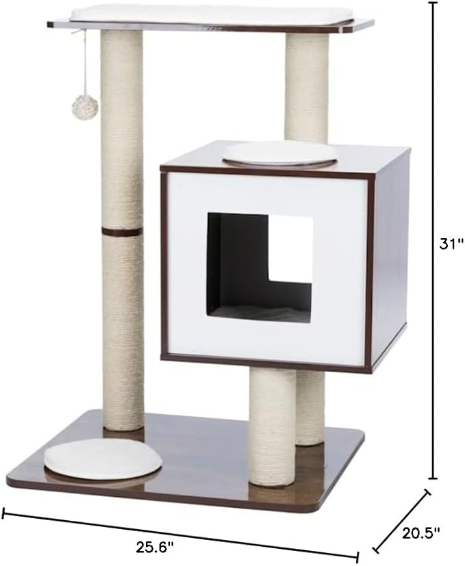 Trixie 31-in Inola Wooden Cat Tree, Jute Scratching Posts, Cat Condo with Cushion, Removable Cozy Pads, Dangling Cat Toy, Walnut