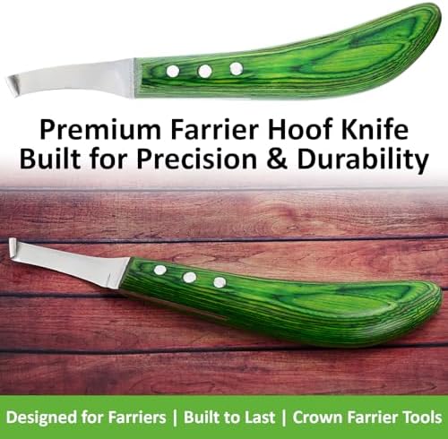 – Super Sharp Hoof Knife | Stainless Steel Blade with Wooden Handle | Professional Farrier Hoof Trimming Tool for Horses & Equine Hoof Care (Green Right-Hand)