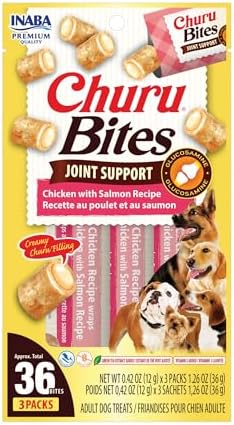 INABA Churu Bites Joint Support for Dog, Functional Lickable Dog Treat with Taurine & Green Tea Extract, 1.26oz Each, 18 Tubes Total, Chicken with Salmon Recipe