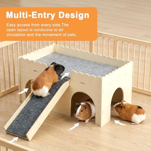 Detachable 2-Story Wooden Guinea Pig Castle with Ramp & Fleece Mat, Small Animal Hideout House for Guinea Pigs, Hamsters, Gerbils & Chinchillas