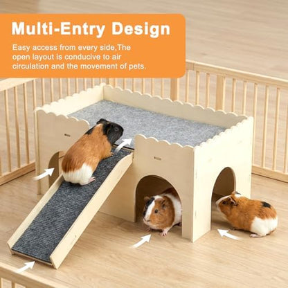 Detachable 2-Story Wooden Guinea Pig Castle with Ramp & Fleece Mat, Small Animal Hideout House for Guinea Pigs, Hamsters, Gerbils & Chinchillas