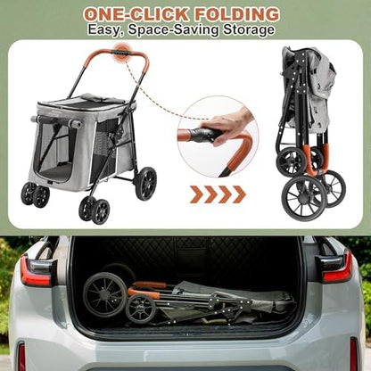Medium Dog Stroller, Dual Entry One-Touch Folding,Small and Medium Pet Stroller,360° Rotating Front Wheels,80 lbs Weight Capacity for Outdoor Travel and Elderly Dogs - Gray