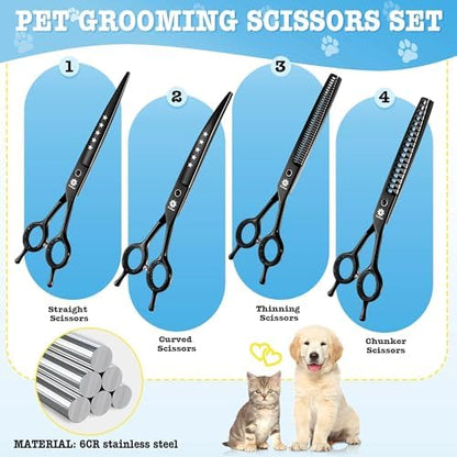 Dream Reach Dog Grooming Scissors - 7 Inch Professional 6 in 1 Pet Grooming Kit Sharp and Durable Shears Set Thinning, Chunker, Straight, Curved Shears and Comb for Dog Cat Pet, Black