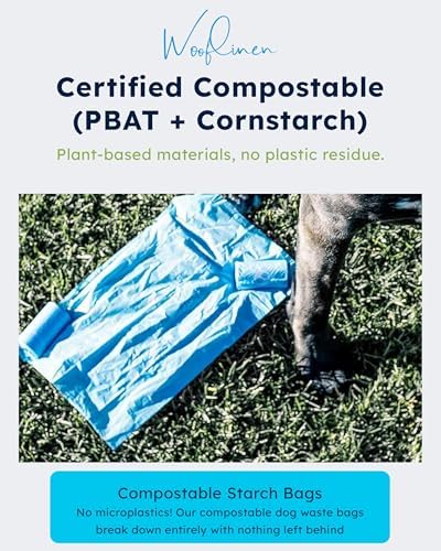 Wooflinen Home Compostable Dog Poop Bags – Leak-Proof Dog Poop Bags Rolls – Large 9x13”, Durable, Easy Tear – Made from Plant & PBAT Material – For Big & Small Dogs – 120 Bags (8 Rolls)